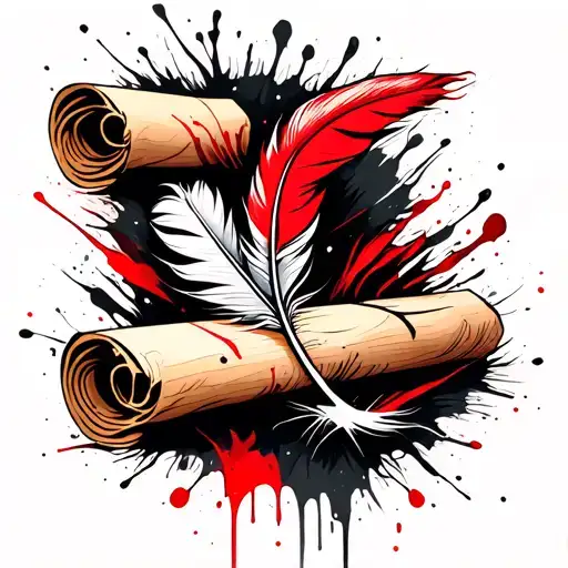 feather quill pen writing on a paper scroll tattoo design idea