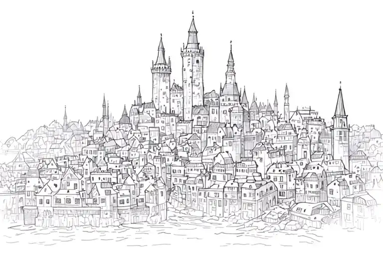 a medieval city skyline tattoo design idea
