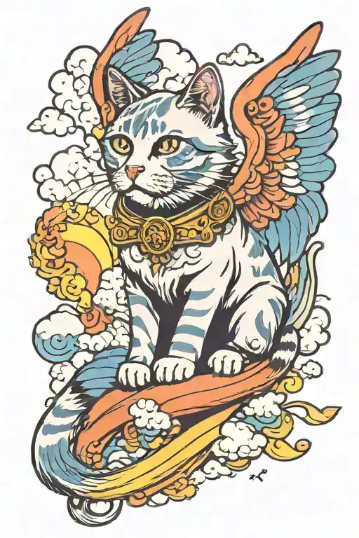 cat with wings walking on the rainbow bridge towards the clouds tattoo design idea
