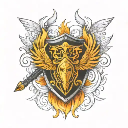 shield with crossed swords on phoenix wings tattoo design idea