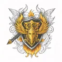 shield with crossed swords on phoenix wings tattoo design idea