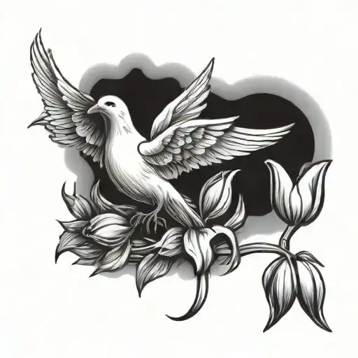 dove with tulips flying to the gates of heaven tattoo design idea