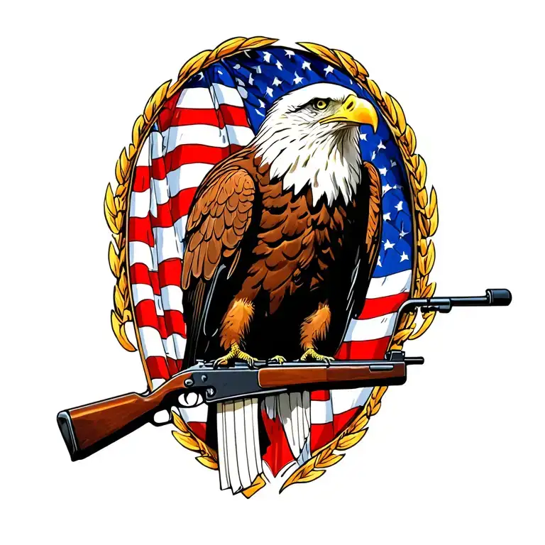 A patriotic bald eagle perched on a rifle with an American flag in the background tattoo design idea