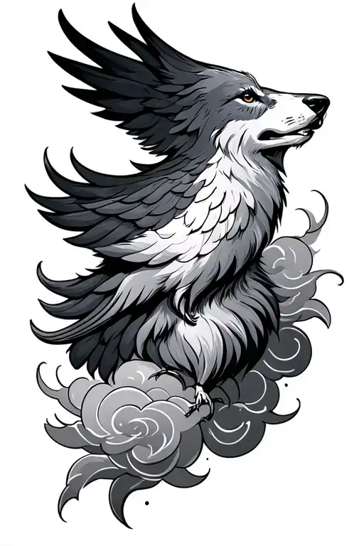 cross cloud dove wolf head tattoo design idea