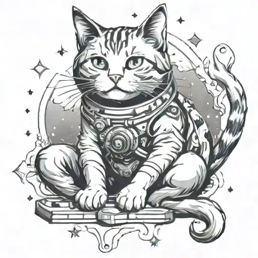 space cat playing tattoo design idea