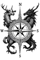 compass , north points to scottish unicorn, east a welsh dragon, west an irish stag, celtic design,  tattoo design idea
