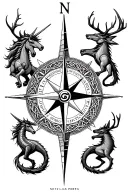 compass , north points to scottish unicorn, east a welsh dragon, west an irish stag, celtic design,  tattoo design idea