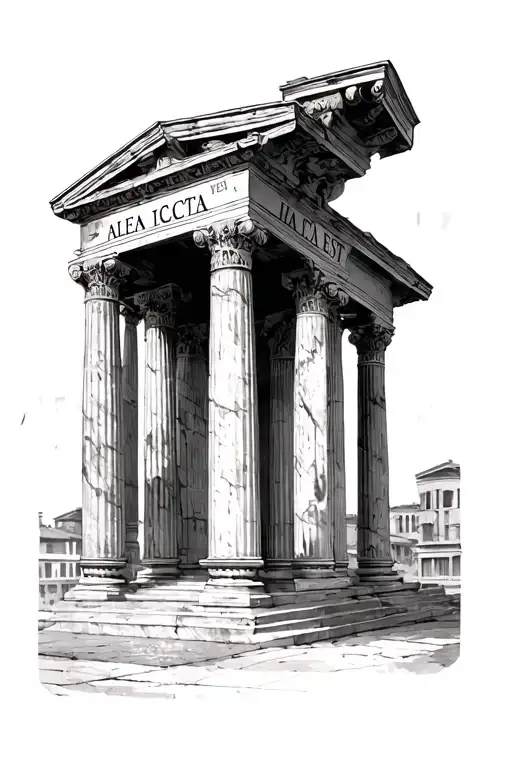 Roman marble columns and buildings with the words, "Alea Iacta Est" tattoo design idea