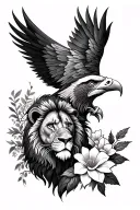 eagle, lion, flowers tattoo design idea