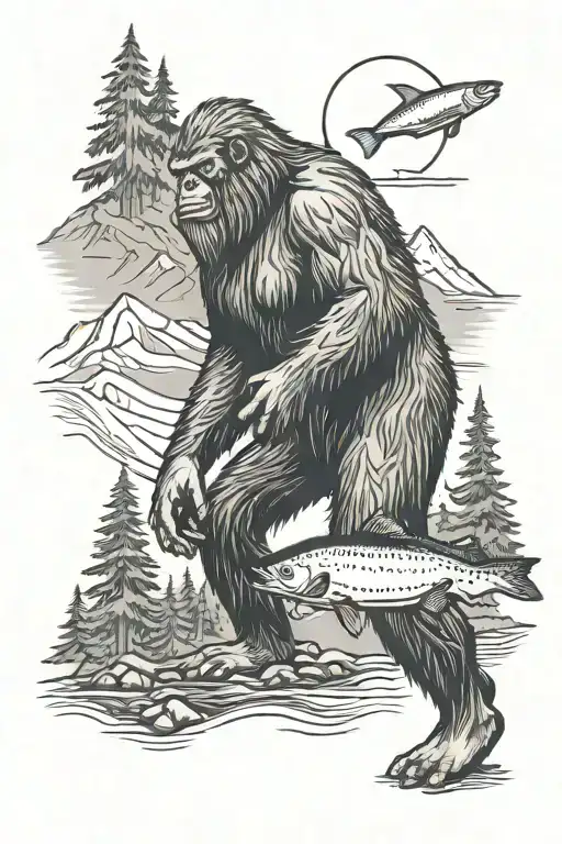 Pnw Sasquatch with a salmon with mt Rainer  tattoo design idea