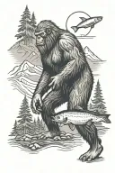 Pnw Sasquatch with a salmon with mt Rainer  tattoo design idea