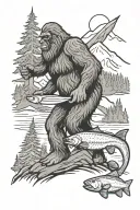 Pnw Sasquatch with a salmon with mt Rainer  tattoo design idea