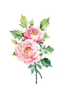 rose flower, Rowan leaf, Holly leaf and peony linked tattoo design idea