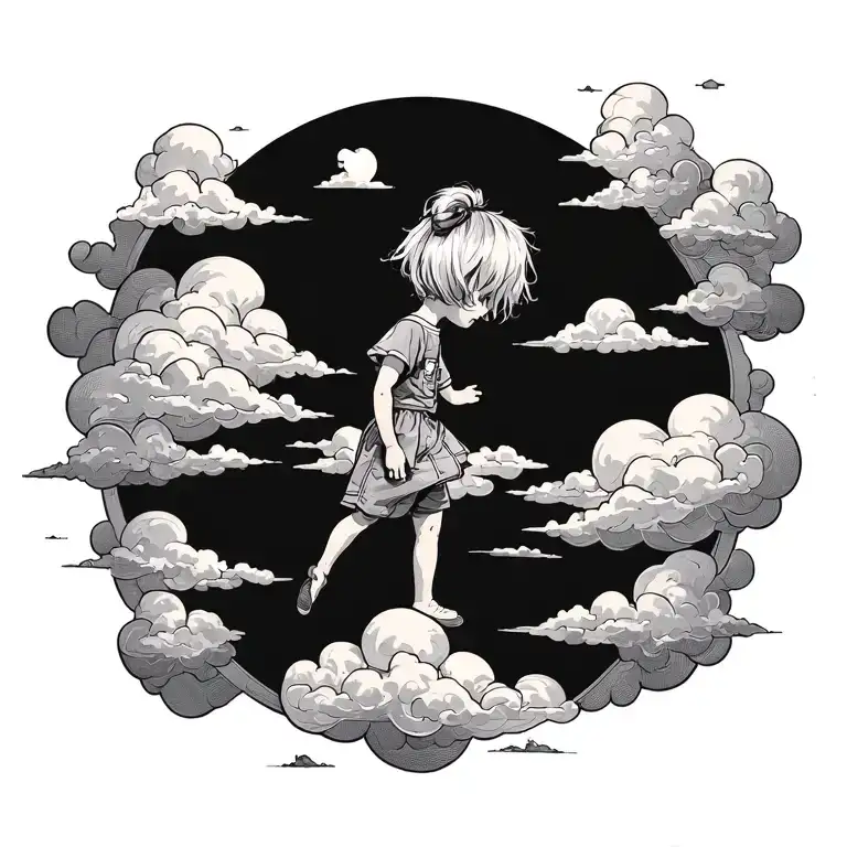 portal that shows one adventurous travling toddler girl on top of clouds (her back facing towards us) tattoo design idea