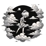 portal that shows one adventurous travling toddler girl on top of clouds (her back facing towards us) tattoo design idea