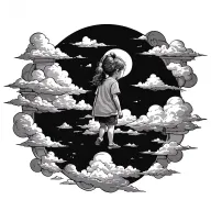 portal that shows one adventurous travling toddler girl on top of clouds (her back facing towards us) tattoo design idea