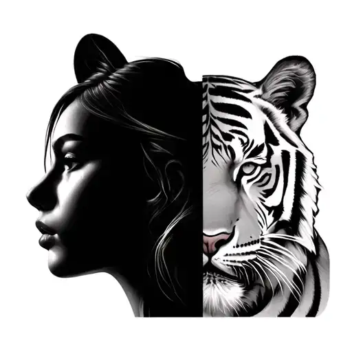 equally split girl face and tiger tattoo design idea