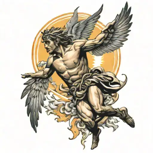 icarus falling great sun behind neotraditinal style tattoo design idea