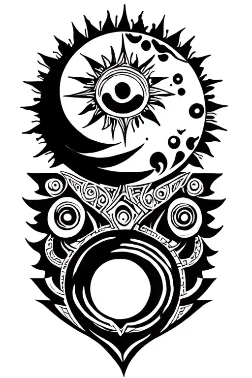 3 overlaping tribal/celtic suns and a moon using negative space theme tattoo design idea