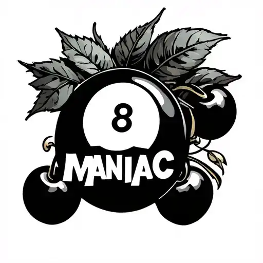 writing “maniac” and on top of writing a mix of cherrys, 8 ball, leopard  tattoo design idea