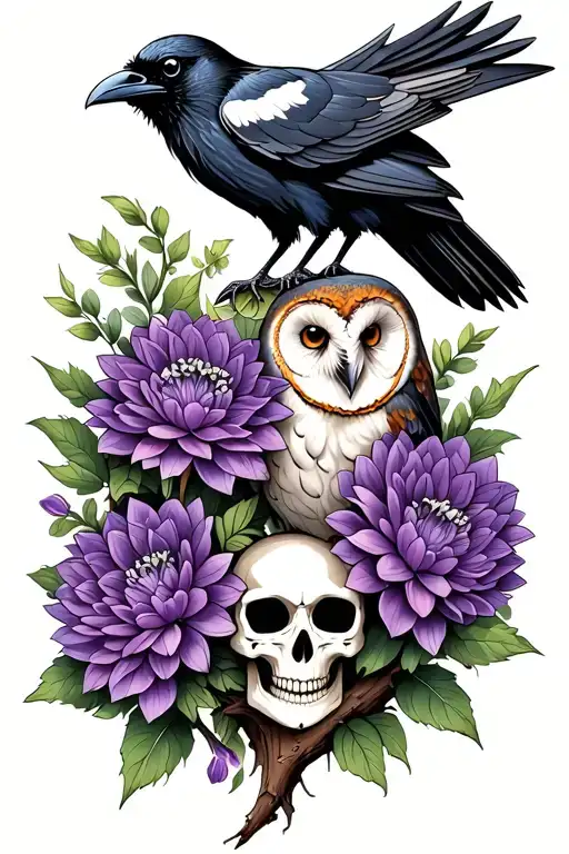 raven and barn owl perched on ashwood branch. purple dahlias. skulls. goth.  tattoo design idea