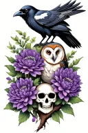 raven and barn owl perched on ashwood branch. purple dahlias. skulls. goth.  tattoo design idea