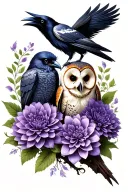raven and barn owl perched on ashwood branch. purple dahlias. skulls. goth.  tattoo design idea