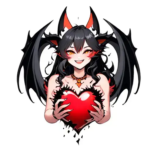 smiling anime demon fox woman holding a shattered heart with a heart shaped black dragon surround tattoo design idea