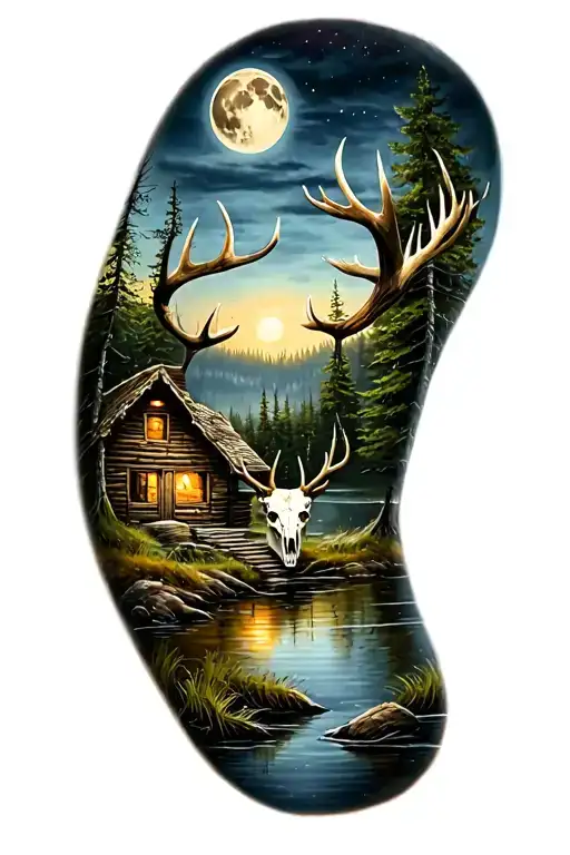 moonlight Forest over a pond and cabin. deer skull tattoo design idea