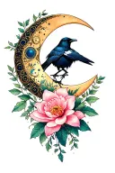crescent moon, Dalia, magnolia, tree, vines, raven, Scorpio constellation tattoo design idea