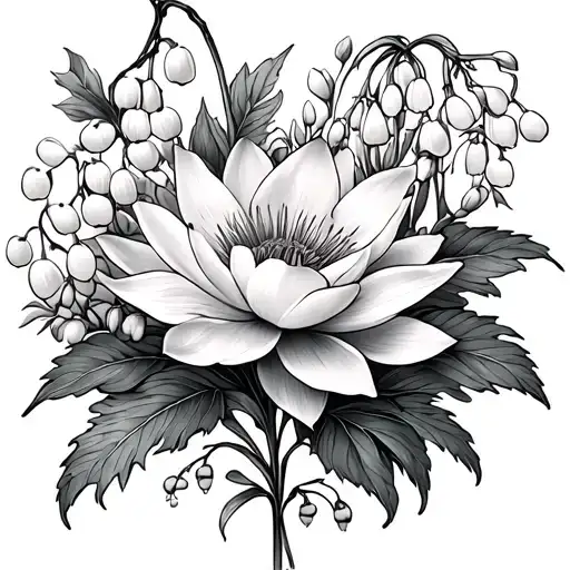 marigold, lily of the valley, lotus , and carnation tattoo design idea