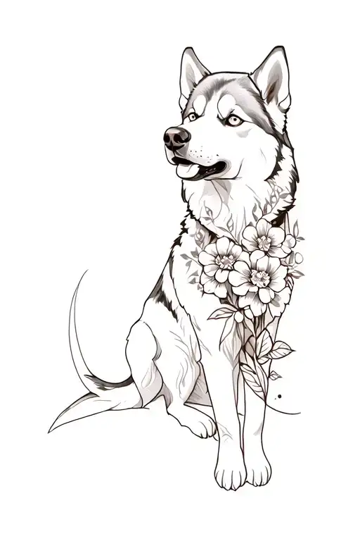 full body Husky Siberian shaped & detailed by flowers tattoo design idea