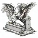 Angel kneeling with head down between 2 headstones tattoo design idea
