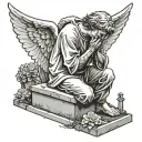 Angel kneeling with head down between 2 headstones tattoo design idea