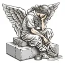 Angel kneeling with head down between 2 headstones tattoo design idea
