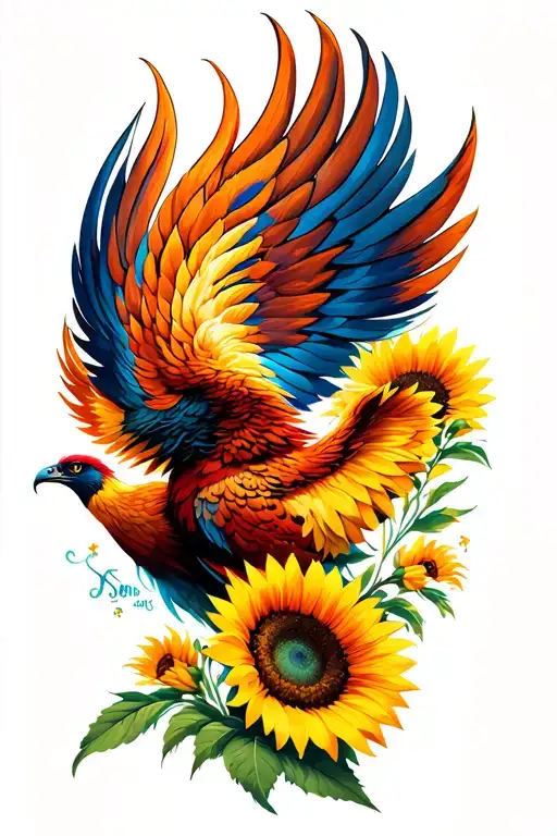 phoenix and sunflowers tattoo design idea