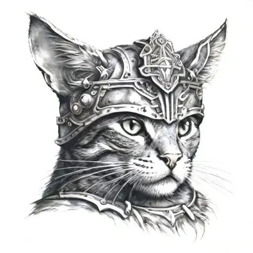 A cat with a pantheon helmet surrounded tattoo design idea