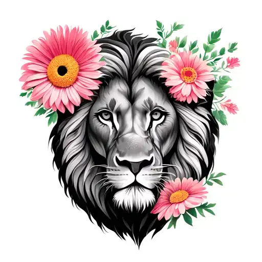 Lion and pink and calendula tattoo design idea