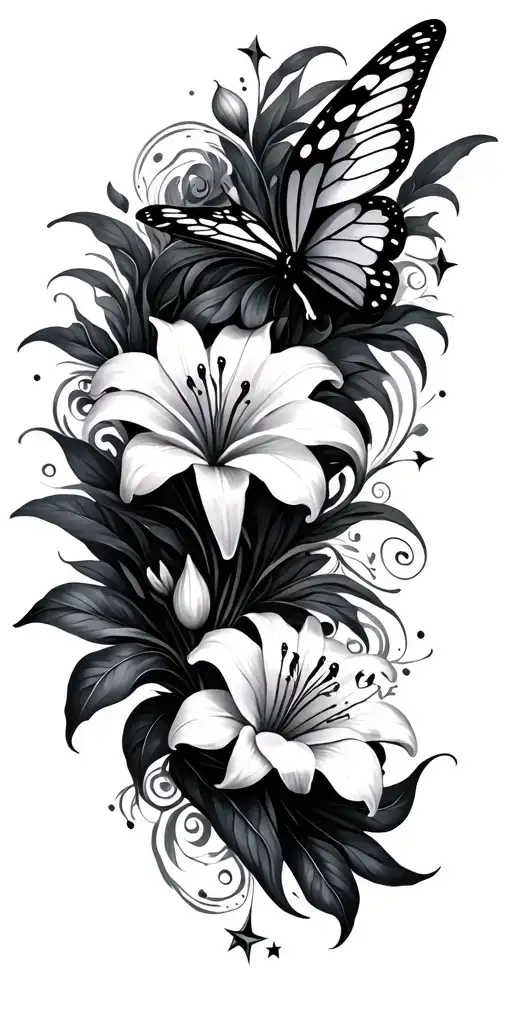 lilies swirls stars butterfly dragonfly scriptures tattoo design idea