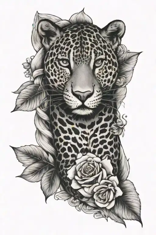 a sleeve with a jaguar surrounded by cowrie shells, ghana symbols of hope restoration love peace and roses tattoo design idea