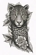 a sleeve with a jaguar surrounded by cowrie shells, ghana symbols of hope restoration love peace and roses tattoo design idea
