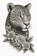 a sleeve with a jaguar surrounded by cowrie shells, ghana symbols of hope restoration love peace and roses tattoo design idea