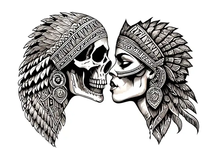 aztec grim reaper kissing aztec godess full tattoo design idea