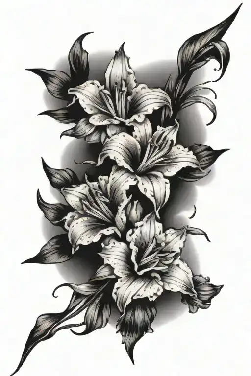 cosmo, gladiolus, and violet flowers in a bouquet  tattoo design idea