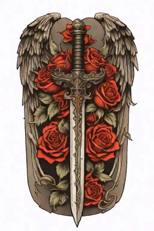 angel wings behind a sword, roses tattoo design idea