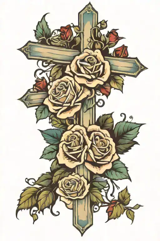 crosses (inside the cross say "god first) and roses tattoo design idea