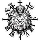 lion with 3 crosses and clock in roman numerals tattoo design idea