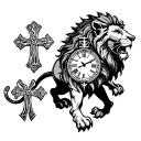lion with 3 crosses and clock in roman numerals tattoo design idea