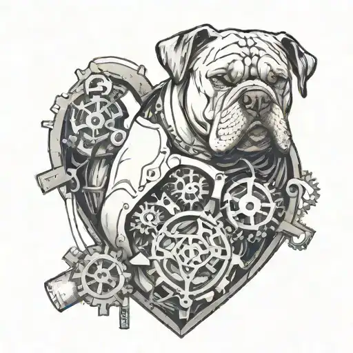 A stylized mechanical heart with gears and wires, with american bulldog sitting at its core tattoo design idea