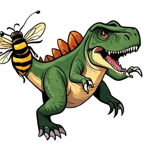 A cute animated t-rex with chasing a bee with a cute butt, with no background so it can be used as a tattoo idea. Give t tattoo design idea